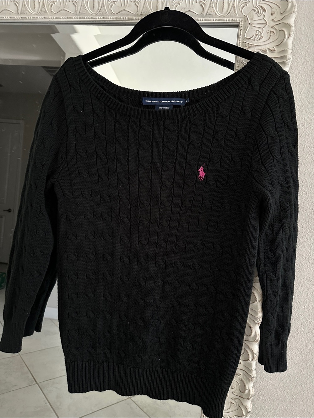 Ralph Lauren Sport Black Cable-Knit Sweater with Pink Pony